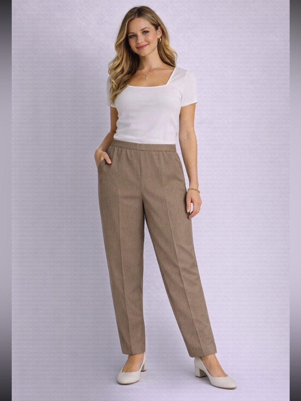Alfred Dunner Women’s Pull On Classic Fit Comfort Waist Dress Pants Tan Size 10P